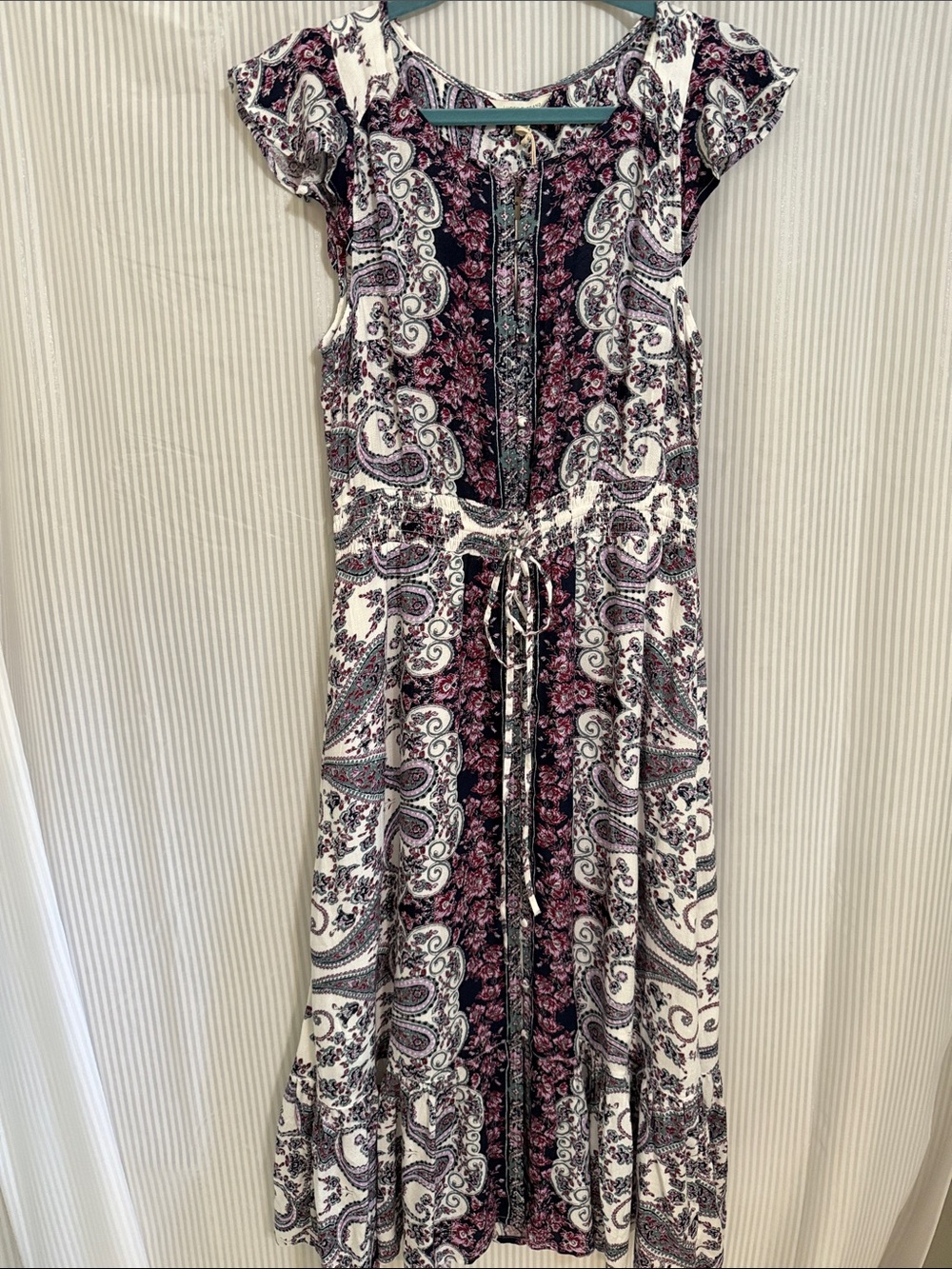 Lucky Brand Boho Paisley Print Tie-Waist Midi Dress - White & Purple